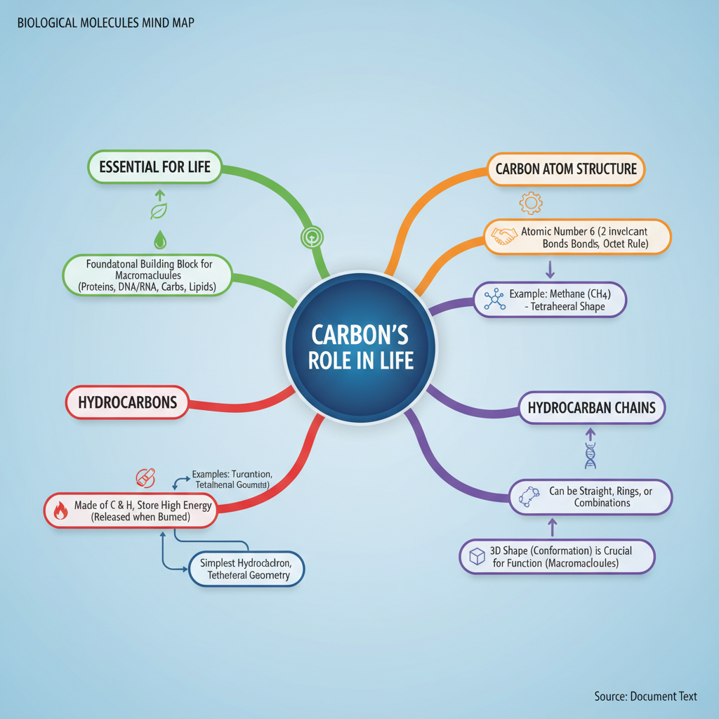 Mind map visualizing the concepts of carbon bonding, hydrocarbons, and molecular structures.