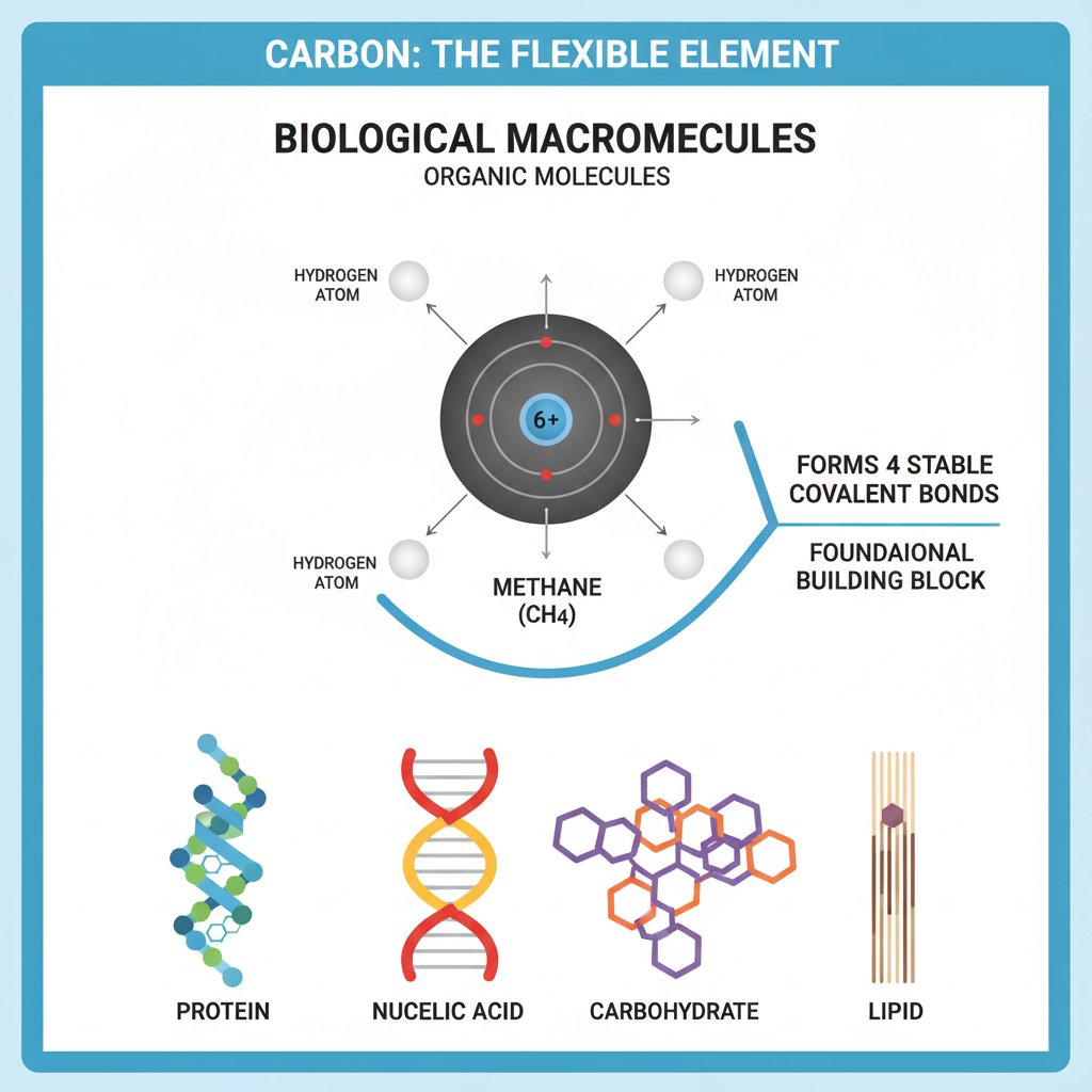 Illustration summarizing carbon's bonding versatility and role in macromolecules